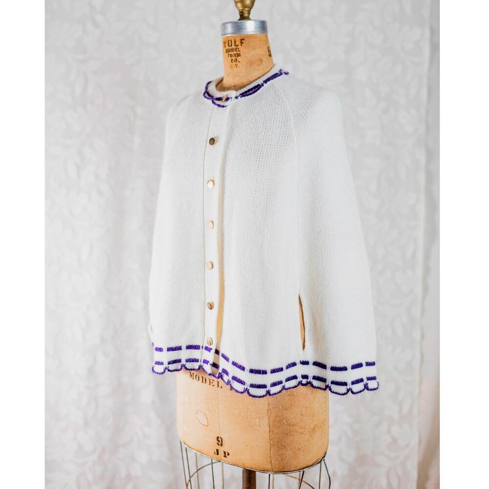 Vintage 70s 80s White Knit Cape, Purple Embroidery Gold Buttons Boho Poncho, SM